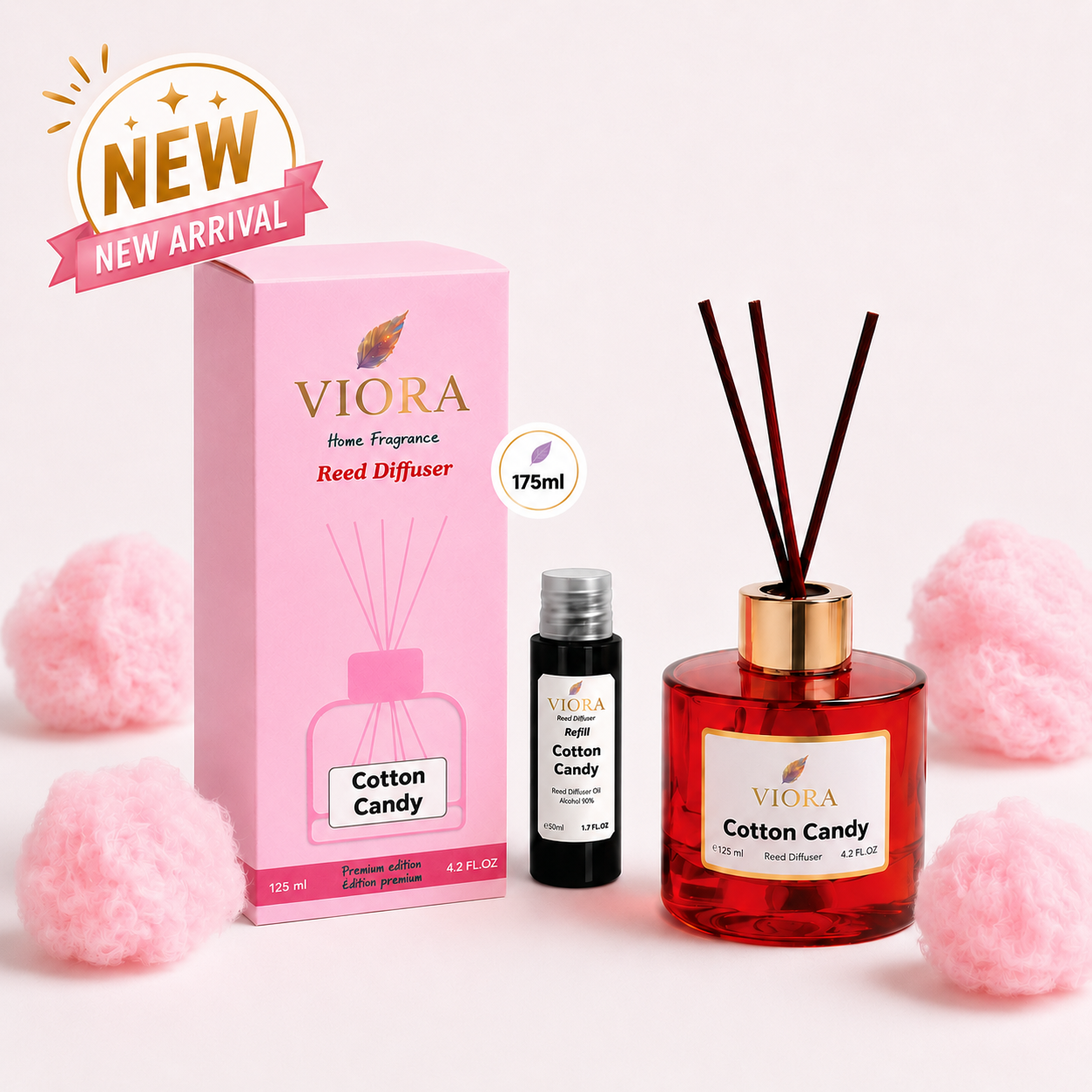 Viora Reed Diffuser 125 ml+ 50ml Free Refill with Cotton Candy Fragrance